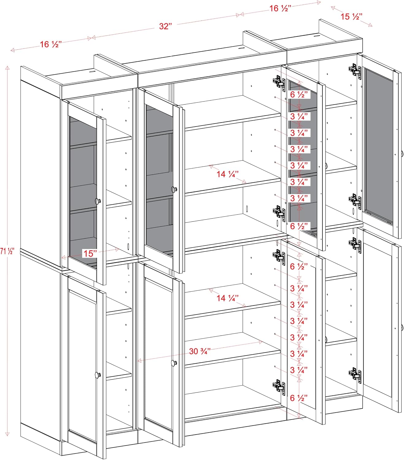 Palace Imports 100% Solid Wood 65"" Pantry China Cabinet with Raised Panel, Frosted Glass Doors and Adjustable Shelves
