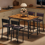 IDEALHOUSE Dining Table Set for 4 w/Footrest & Corner Protector, 5-Piece Kitchen Table Set with Counter Height Table & 4 Upholstered Bar Stools, for Kitchen Room, Apartment, Pub,Retro Brown