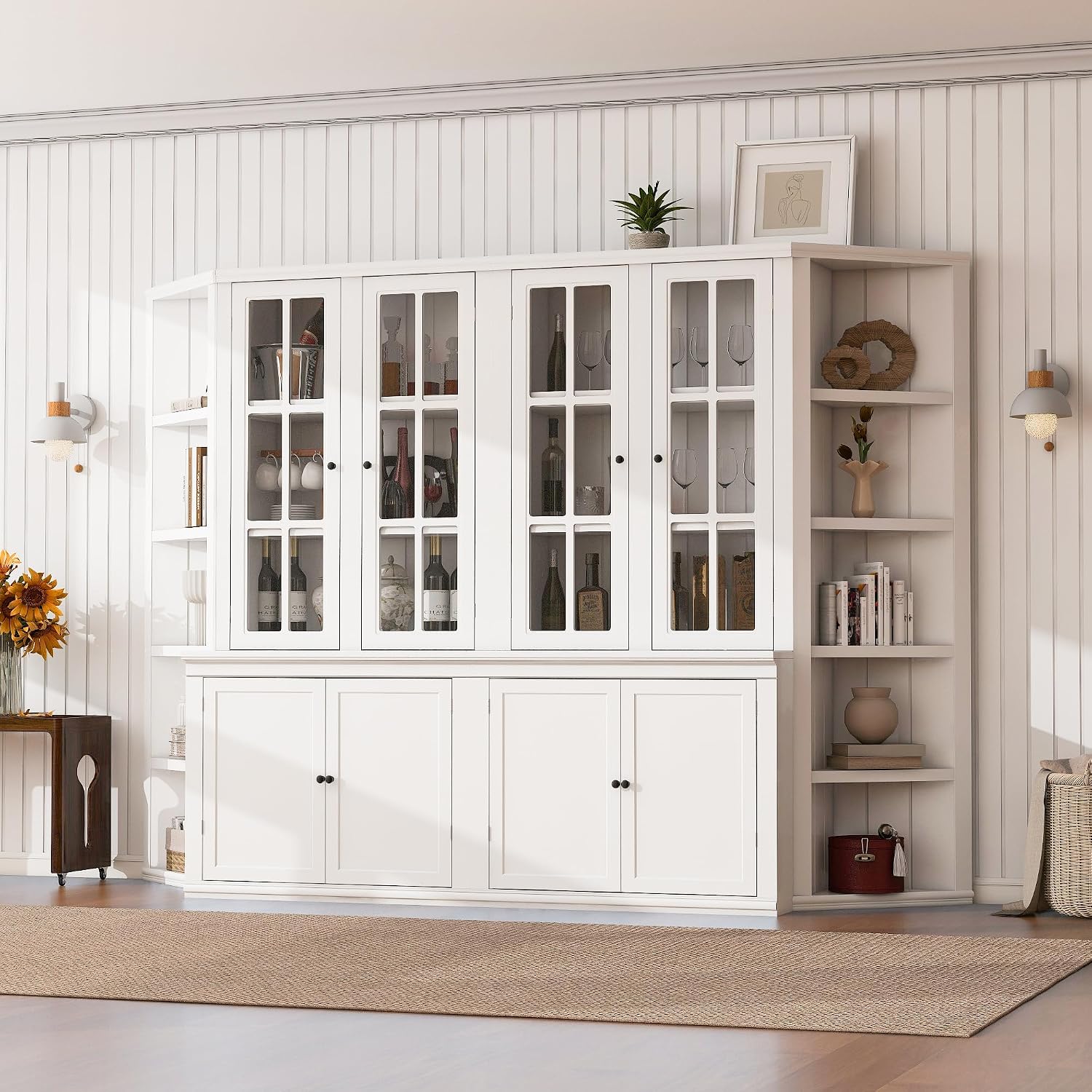 roomfitters 75.25'' Pantry Cabinets with Triangle Bookshelves, Retro Wall Storage Unit with Glass Doors for Living Room, White
