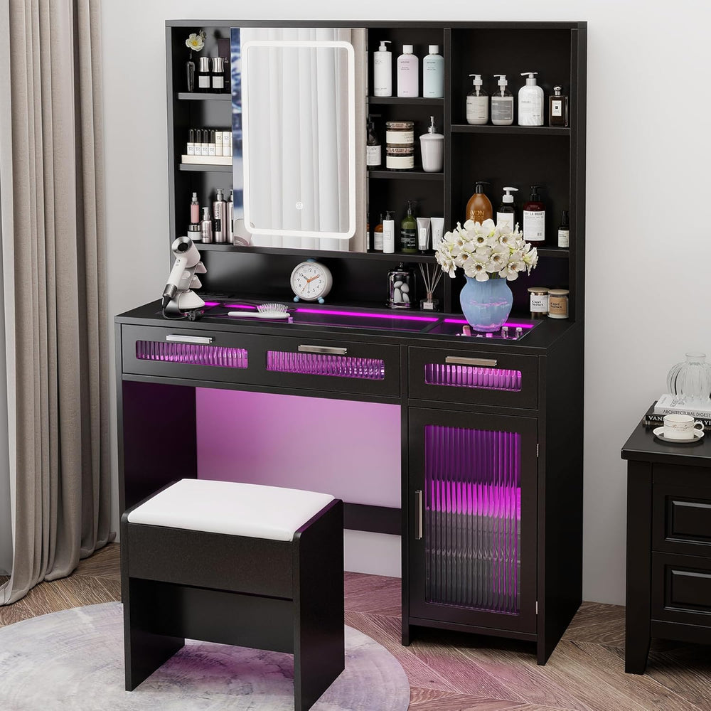 Hadulcet Black Vanity Makeup Desk with Sliding Mirror and Lights, 43” Transpa...