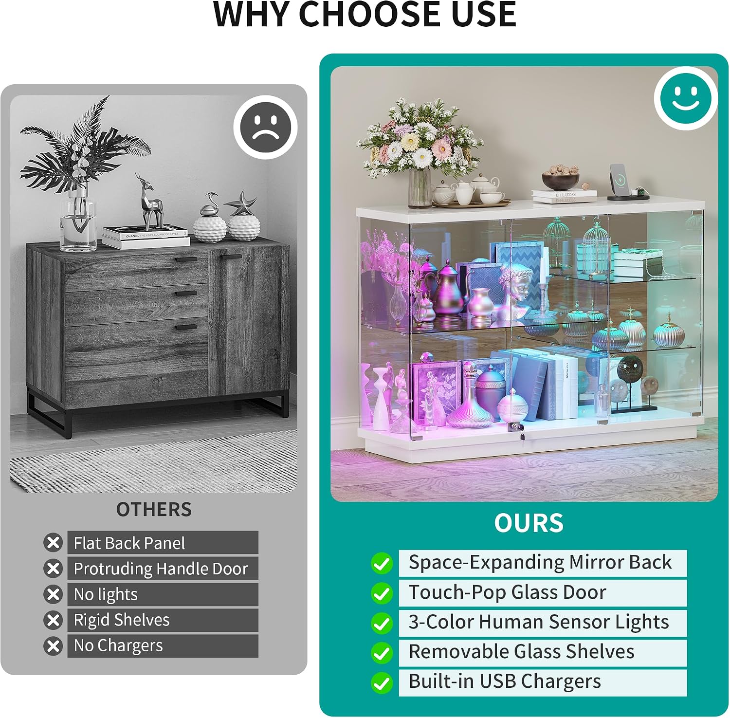 RGB Glass Display Cabinet - with Human Body Sensor, High Gloss Sideboard with Lock & Glass Shelves for Toys, Books, Collectibles, Liquor, Bookcase for Living Room, Kitchen, Study, White