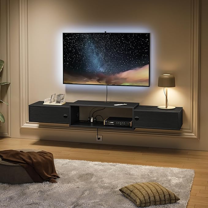HOOBRO 55" Floating TV Stand with Power Outlets, Modern Wall Mounted Med...