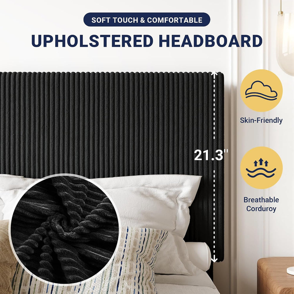 Allewie King Bed Frame, Adjustable Corduroy Headboard, Platform, Black