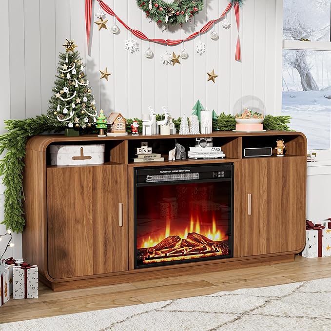 Fireplace TV Stand for TVs Up to 65”, Entertainment Center with 23” Electric Fireplace, Storage Side Cabinets and Adjustable Shelves, Mid Century Modern Media Console Table for Living Room (Walnut)
