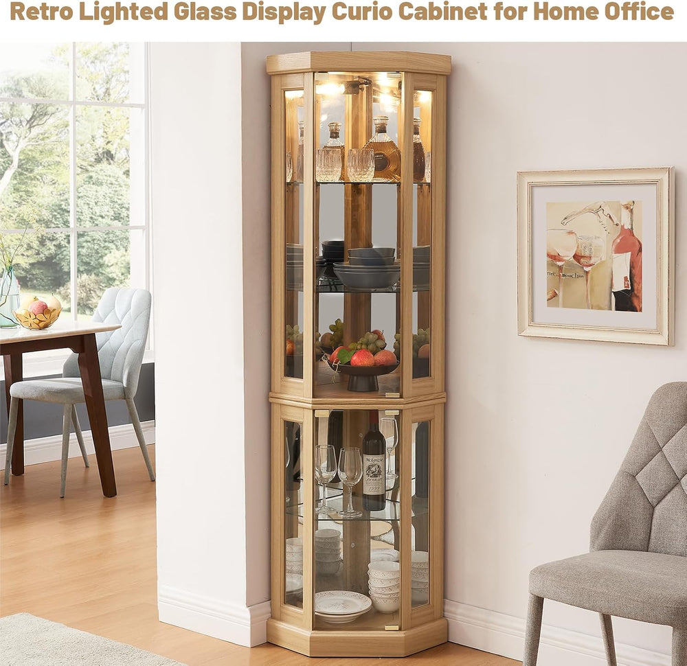 Tall Corner Cabinet with Glass Doors, Lighted Glass Display Curio Cabinet wit...
