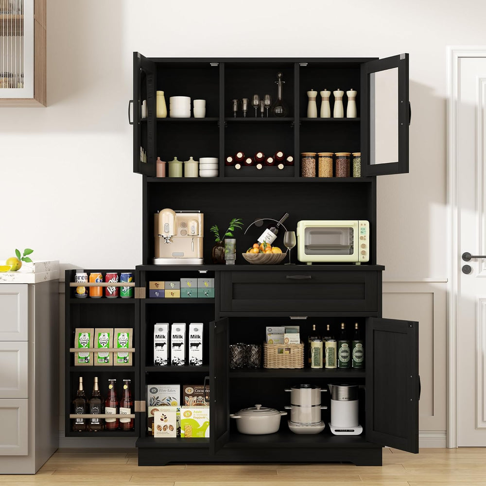 Shintenchi 68" Kitchen Pantry Storage Cabinet, with Microwave Stand, Bla...