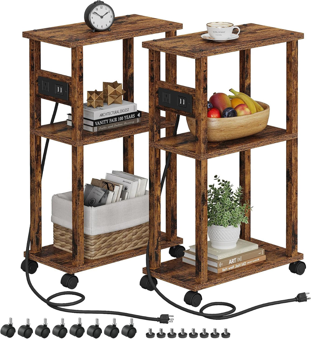TUTOTAK Small Narrow Side Table with Charging Station, Skinny End Table for S...