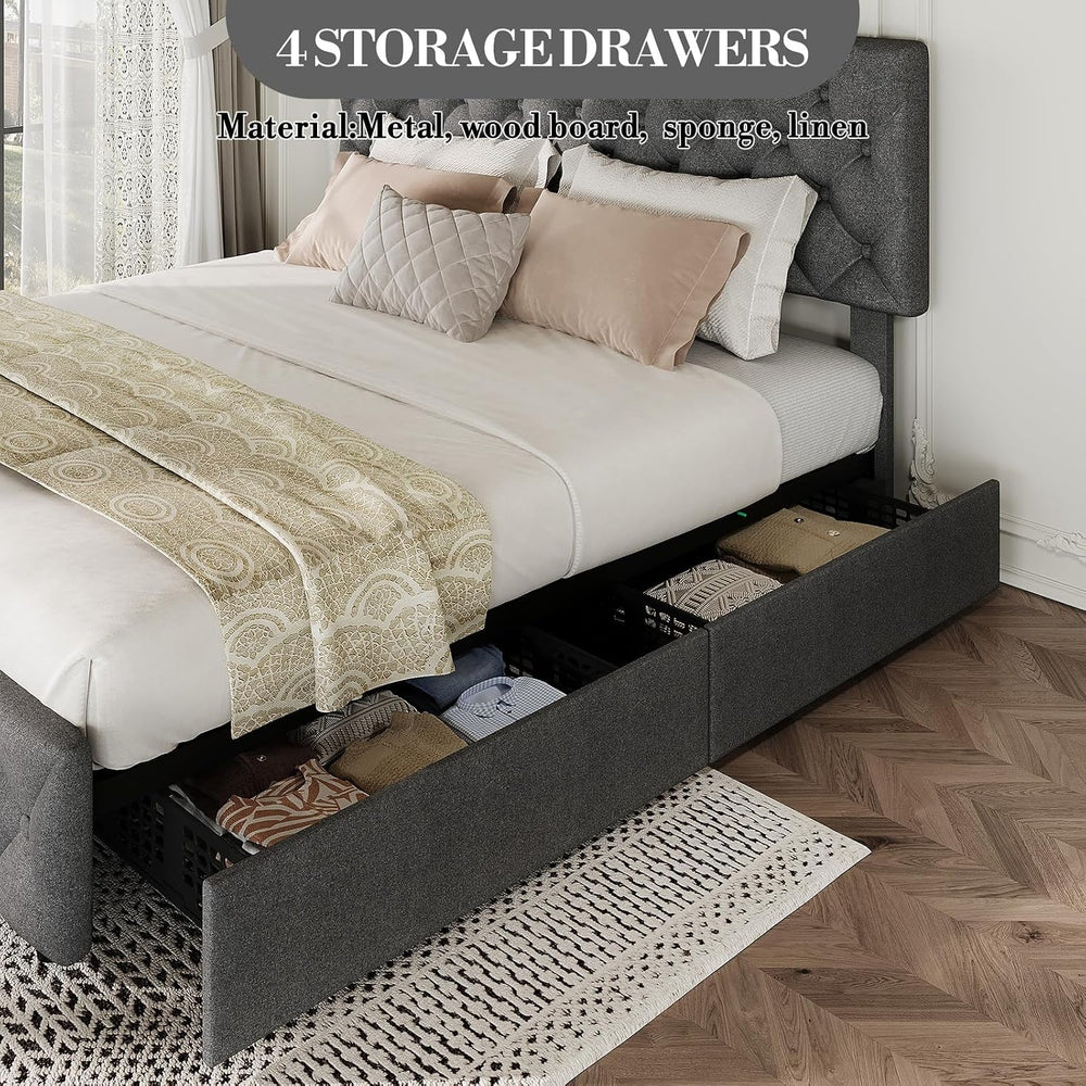 Queen Size Bed Frame with Adjustable Headboard & 4 Storage Drawers - Diam...