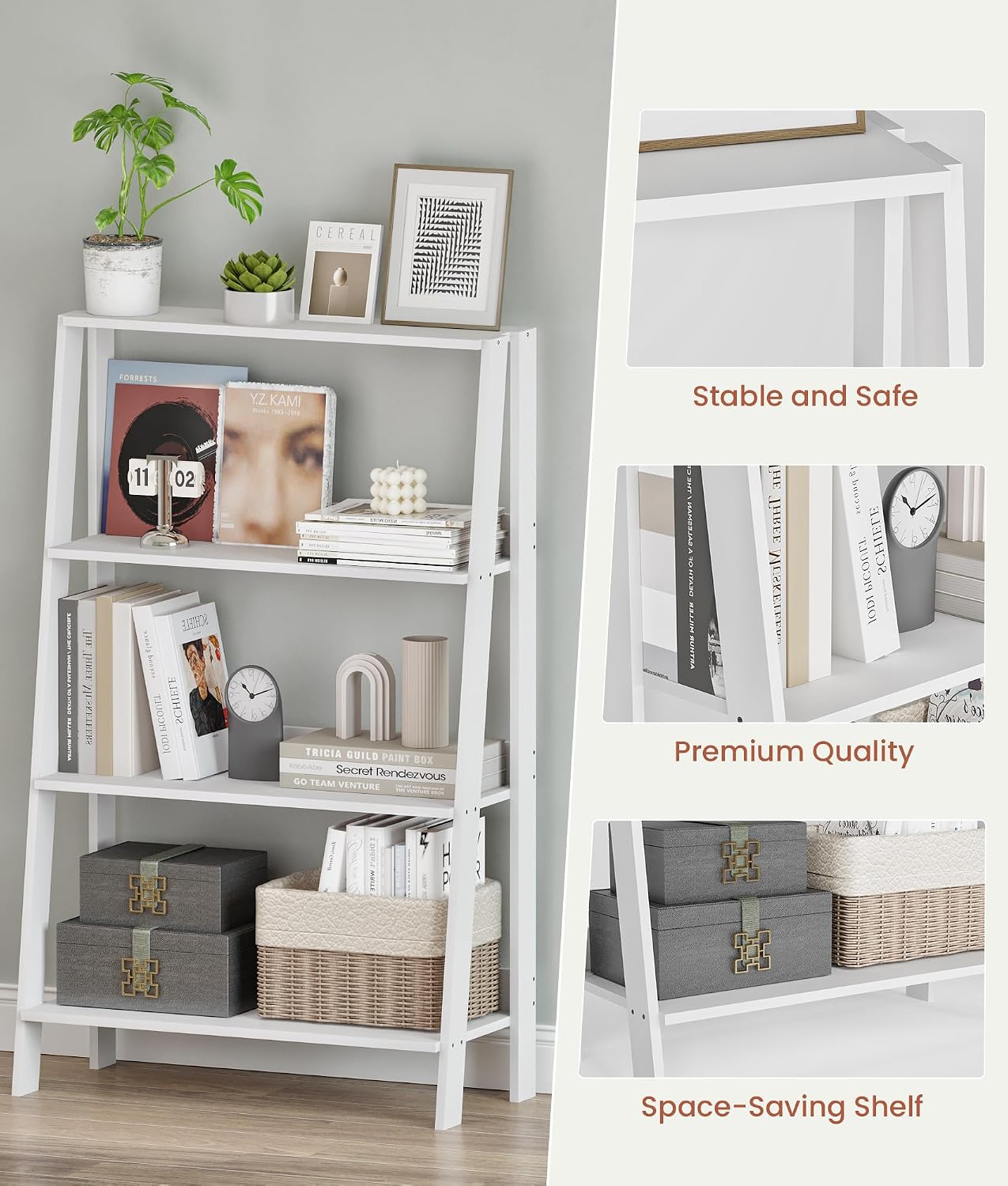 4 Tier Ladder Bookshelf for Storage, Bathroom Ladder Shelf Shelves, Freestanding Display Stand for Living Room, Kitchen, Bedroom, Balcony, White
