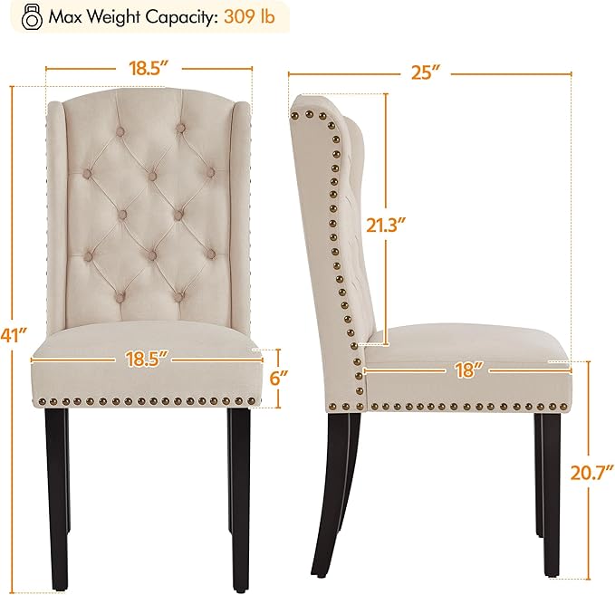 Yaheetech Upholstered Dining Chairs Set of 2 Button Tufted Kitchen Chairs with Solid Wood Legs and Nailhead Trims for Dining Room, Living Room, Restaurant, Beige