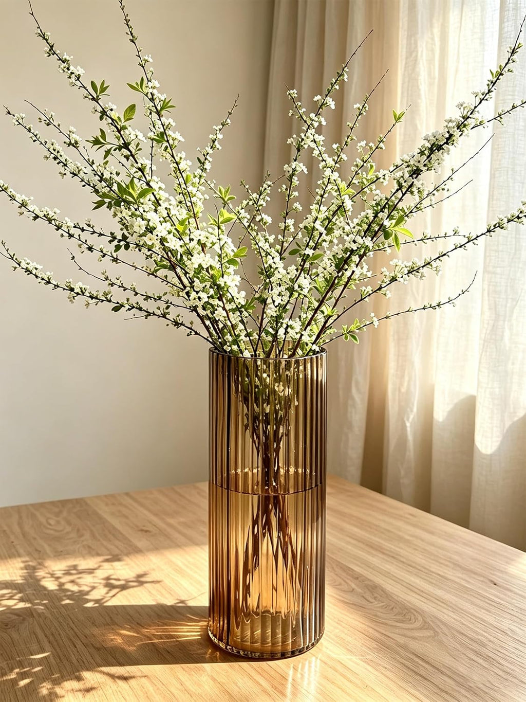 Brown Fluted Glass Vase, 9.8 Inch Thick-Wall Cylindrical for Flowers | Wide Smooth Opening, Weighted Thick Base, Tabletop Centerpiece