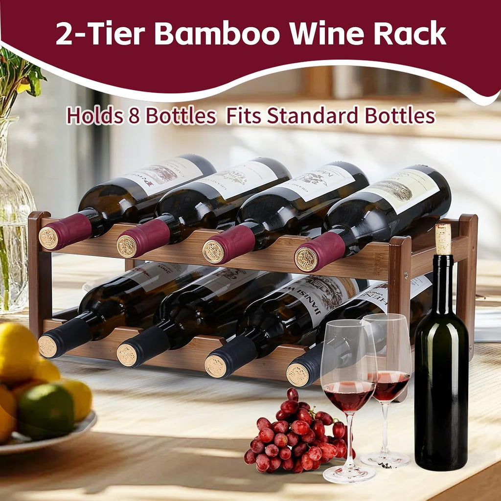 Bamboo Wine Rack, Walnut Finish 2-Tier Freestanding Storage Shelf, Holds 8 Bottles, Space Saving Countertop Cabinet Organizer for Basement, Kitchen, Pantry, Dining Room, Bar