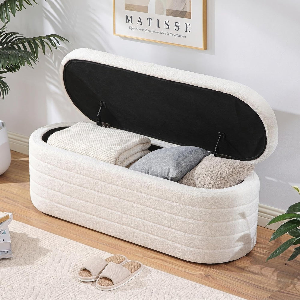 Teddy Sherpa Storage Ottoman Bench End of Bed, White | Modern Boucle, Oval De...