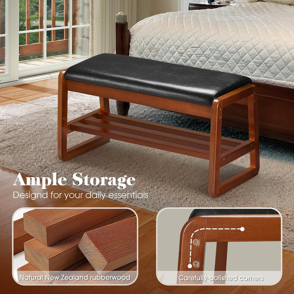 HABUTWAY Solid Wood Shoe Rack, Entryway Shoe Bench with Cushion, 2 Tier Shoes...