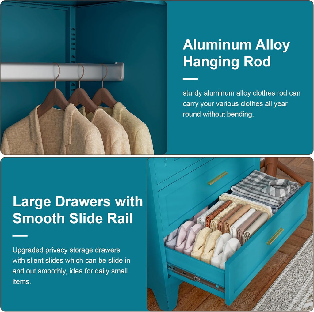71" Tall Metal Wardrobe Cabinet with 2 Drawers and Hanging Rod, 2 Doors Armoire Wardrobe Closet with Shelf for Bedroom, Office, Laundry Room, Blue