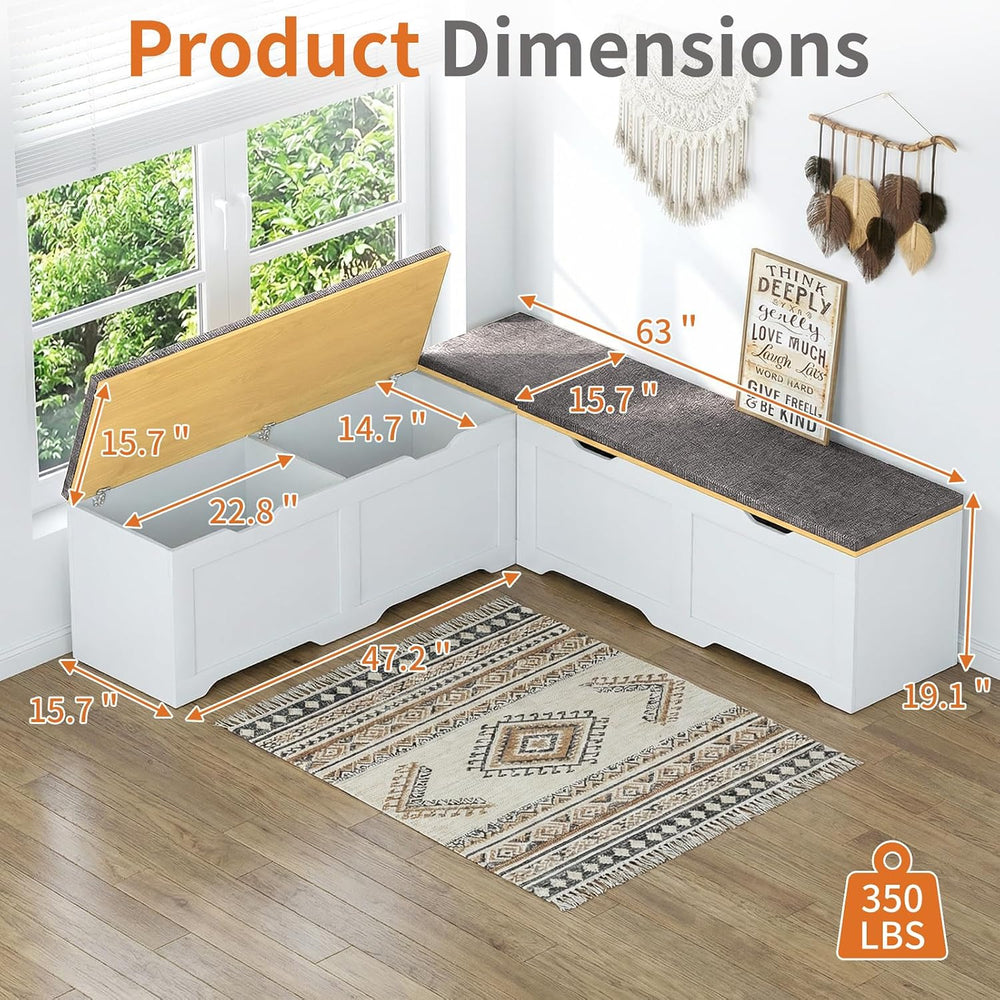 Zevemomo 63" L Shaped Storage Bench with Cushion, Kitchen Breakfast Nook...