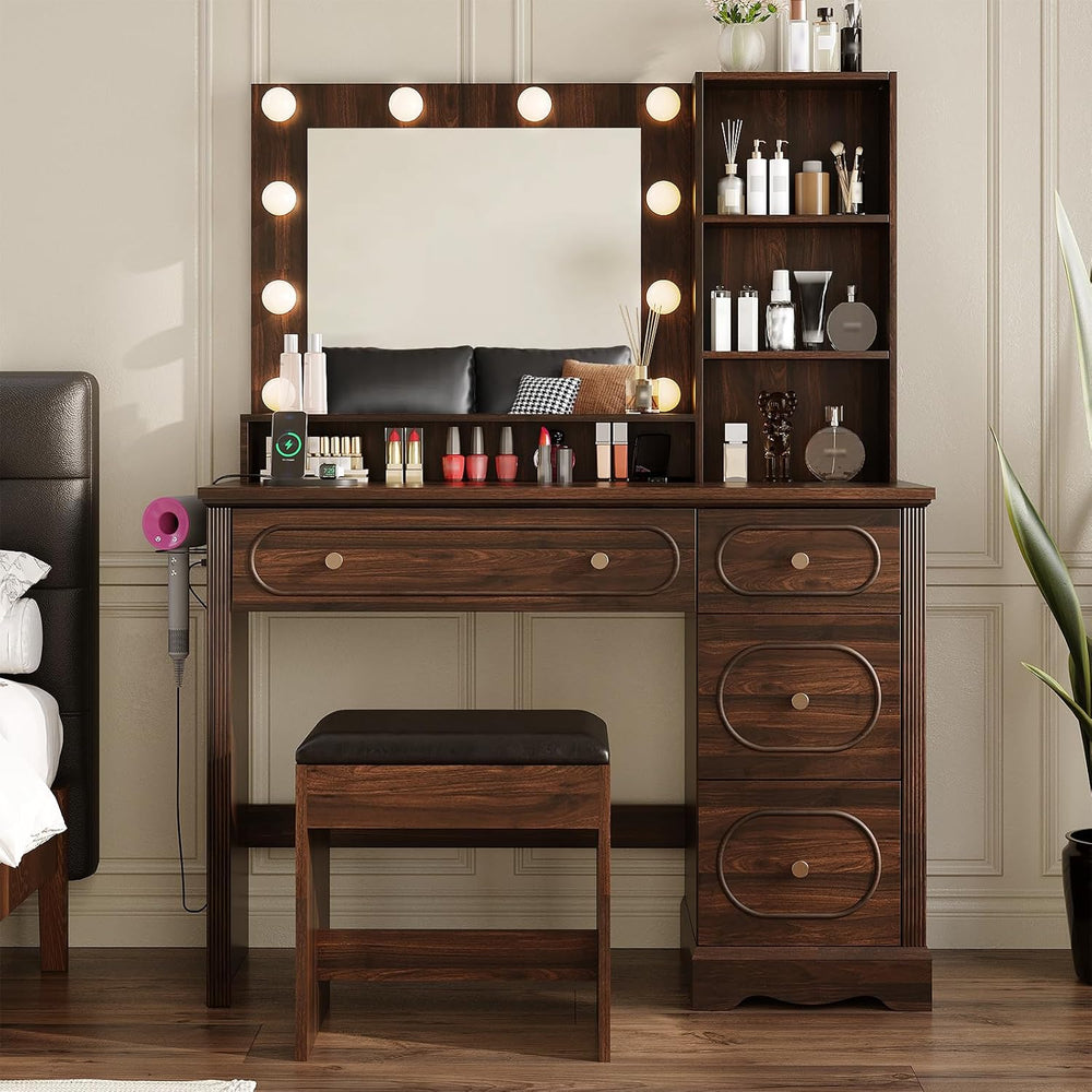 42" Walnut Brown Makeup Vanity Desk with Mirror & Lights & Charg...