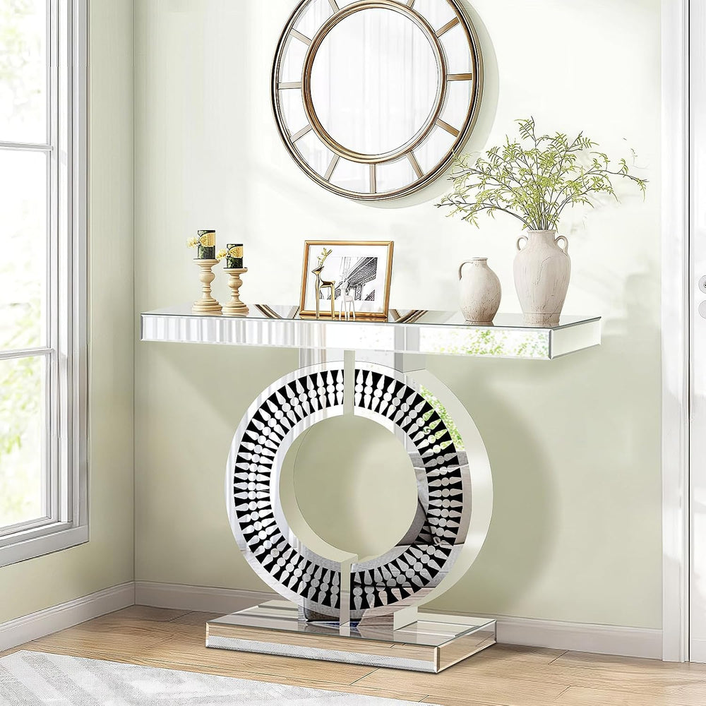 Silver Mirrored Console Table with Crystal Inlay, 39.4'' Long Entrywa...