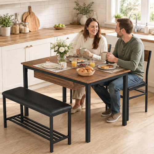 43.3" Dining Table Set for 4 with Drawer Storage, Dining Table with Chairs and Upholstered Bench, Lower Shelf, Space-Saving Wooden Table for Apartment, Kitchen, Dining Room