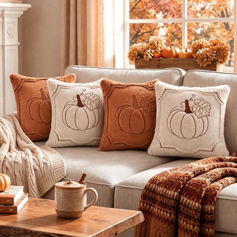 Fall Throw Pillow Covers 18x18 Set of 4 Beige & Orange Pumpkin Pillow Cover