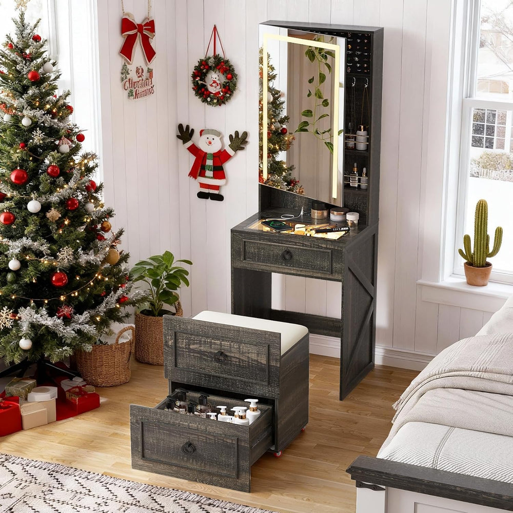 Glass Top Vanity Desk with Mirror and Lights for Bedroom,Brown | Compact Make...