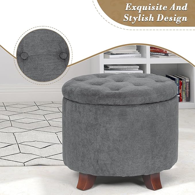 Athena Collection 20 Inch Small Ottoman with Storage, Round Linen Fabric Storage Ottoman with Removable Lid, Stylish Footstool Foot Rest for Living Room, Bedroom, Dorm, Dark Grey