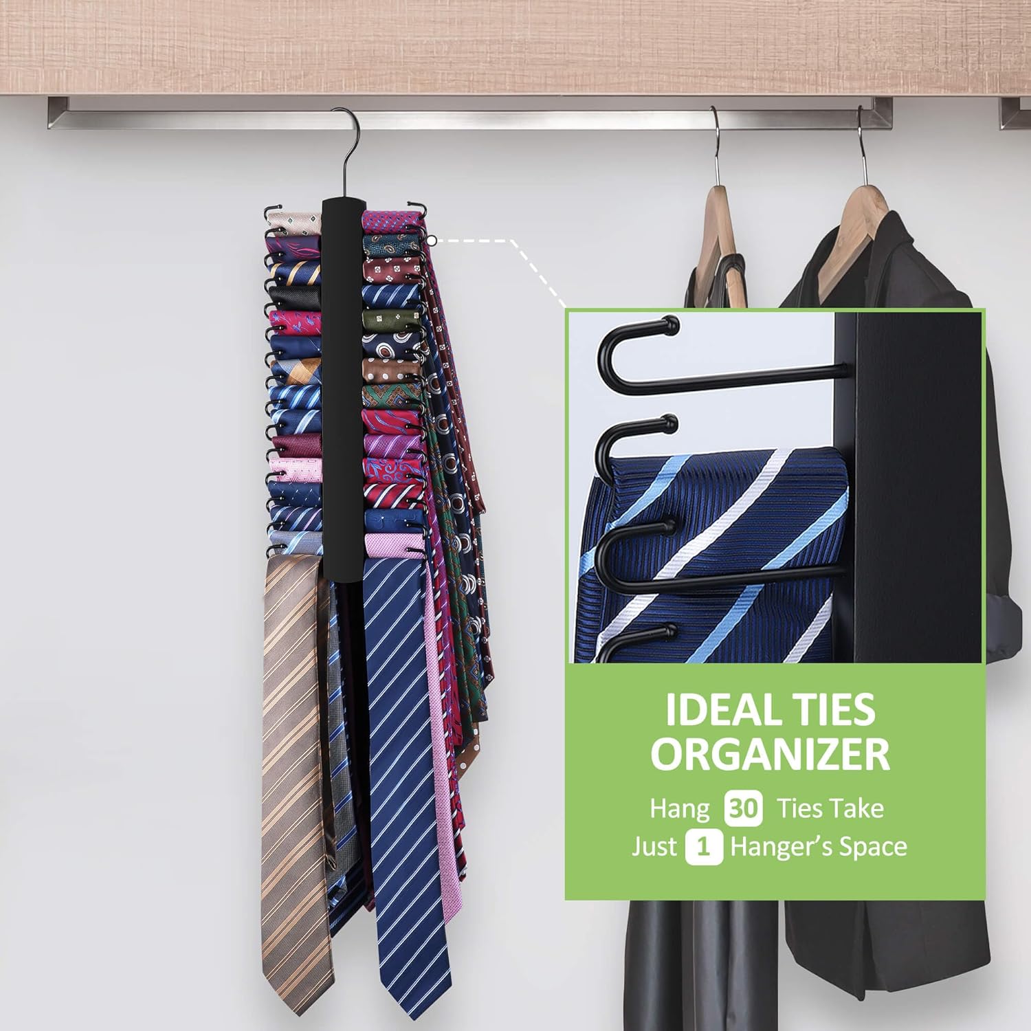 Upgraded Tie Rack Hanger for Closet with 30 Metal Hooks, Space Saving Necktie Organizer for Men, Sturdy Wooden Large Capacity Tie Holder, Closet Organizers and Storage, Black