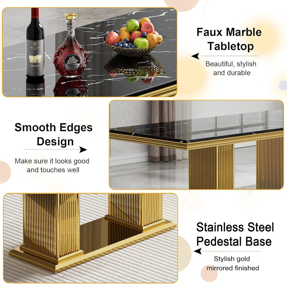 Black Marble Dining Table Set for 6,68 inch Black Marble Table with Golden Do...