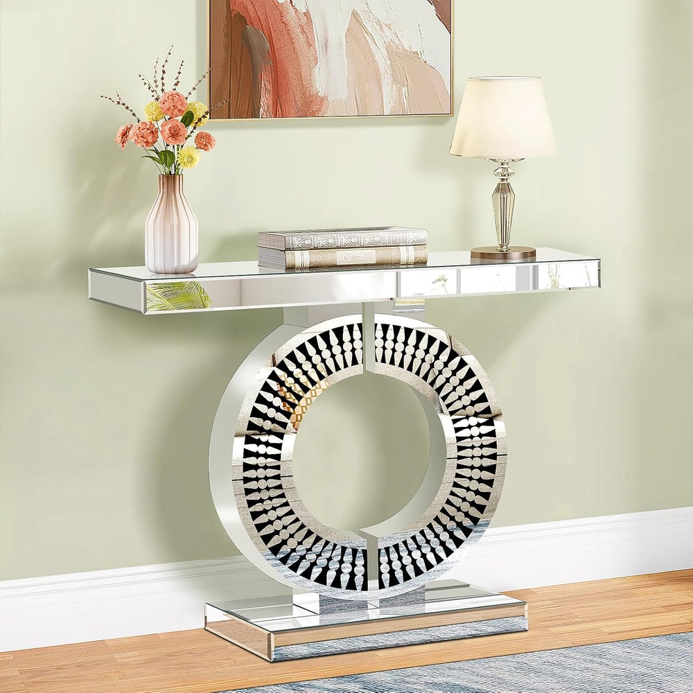 Silver Mirrored Console Table with Crystal Inlay, 39.4'' Long Entrywa...