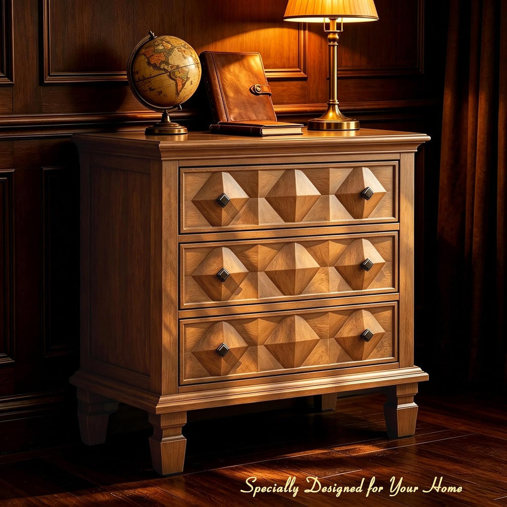 Traditional Geometric Textured Nightstand, 3 Drawer Solid Wood Bedside Table ...