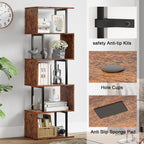 Furologee 6 Tier Bookshelf, Tall S Shaped Geometric Bookcase, Modern Display Shelf Standing Unit, Wood Metal Decorative Divider Rack for Living Room Bedroom Office, Rustic Brown