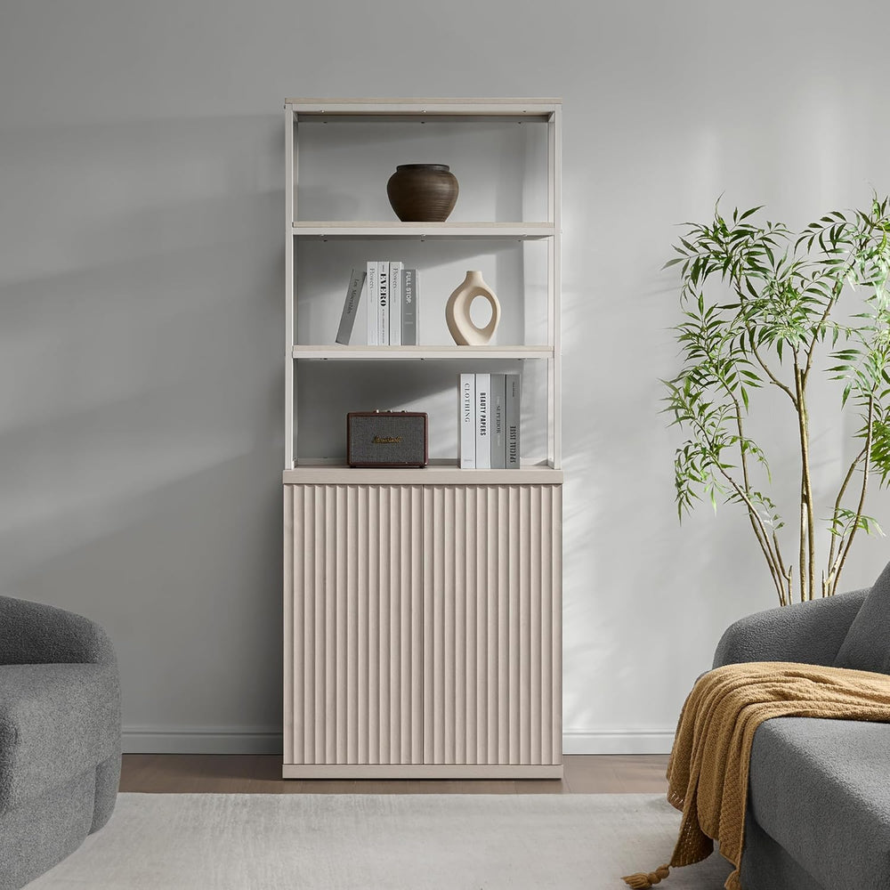 SICOTAS Fluted Book Shelf with Doors 75" Tall Bookshelf with Storage