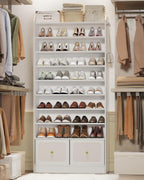 Hzuaneri Shoe Storage Cabinet, 10 Tiers Shoe Organizer with 2 Cloth Drawers | Wooden Freestanding Shoes Cabinet with 2 Hooks, 40-45 Pairs, Shoes Cubby Organizer for Entryway, White SR52903MI