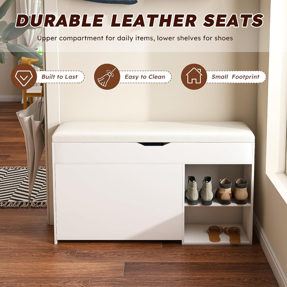 White Shoe Storage Bench, 3-Tier FlipUp Entryway Bench, 39.7 x 11.8X 20.47 Wo...