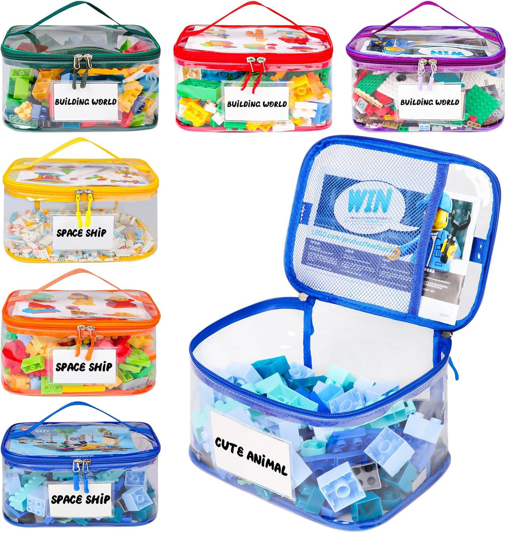 6 Pack Clear Toy Storage Bag with Name Tag& Manual Pocket, Waterproof Transparent PVC Toy Organizer Case for Lego Bricks, Board Games, Building Blocks, Puzzles (Large Capacity, Colorful)