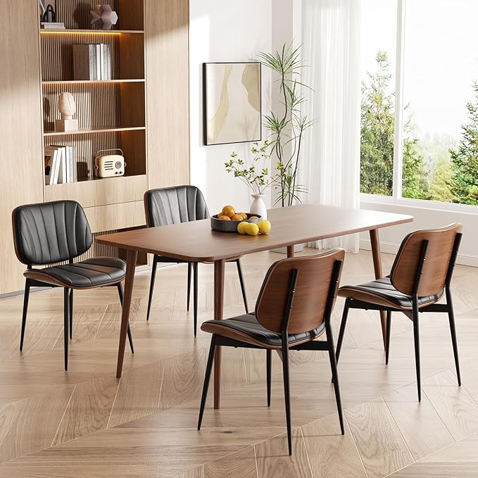 Mid Century Modern Dining Chairs Set of 8, Upholstered Faux Leather Kitchen Dining Room Living Room Chairs, Walnut Wood Bentwood Back and Metal Legs, Black