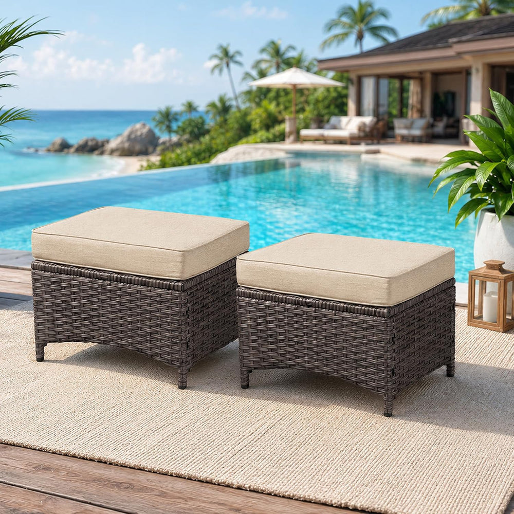 Outdoor Ottoman Set of 2, Rattan Patio Ottoman Footrest Seat with Thickened C...
