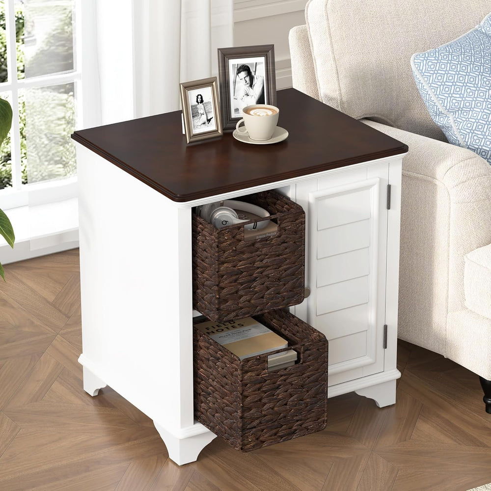 Virubi Farmhouse End Table with Two Handwoven Grass Baskets, American Style S...