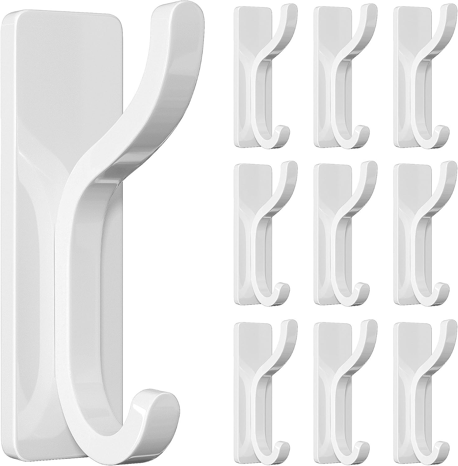 pickpiff 10-Pack Self Adhesive Wall Hooks for Hanging - 13 LB Strong Hold, Sticky Hangers for Coat, Towel, Purse, Keys, Bag - for Wall, Door, Bathroom, Shower, Dorm, Kitchen - Stainless Metal, White