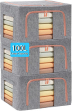 Extra Large Clothes Storage Bins with Metal Frame, Foldable Organizer for Home Organization, 2-Way Zipper, Clear Window Storage Bags for Clothes, Bedding, Seasonal Storage, 100L x 3Pack