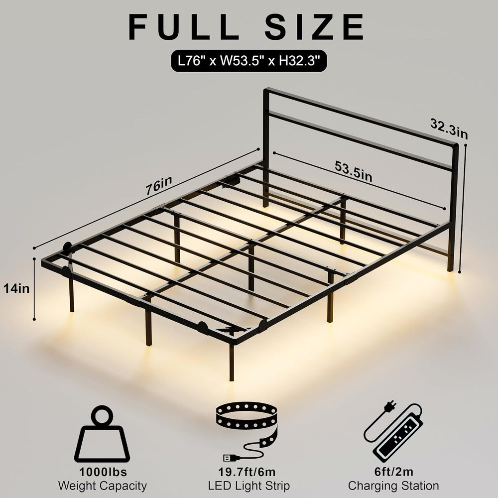 AGXI Full Size Bed Frame with Headboard, 14 Inch Floating Bed with Smart LED ...