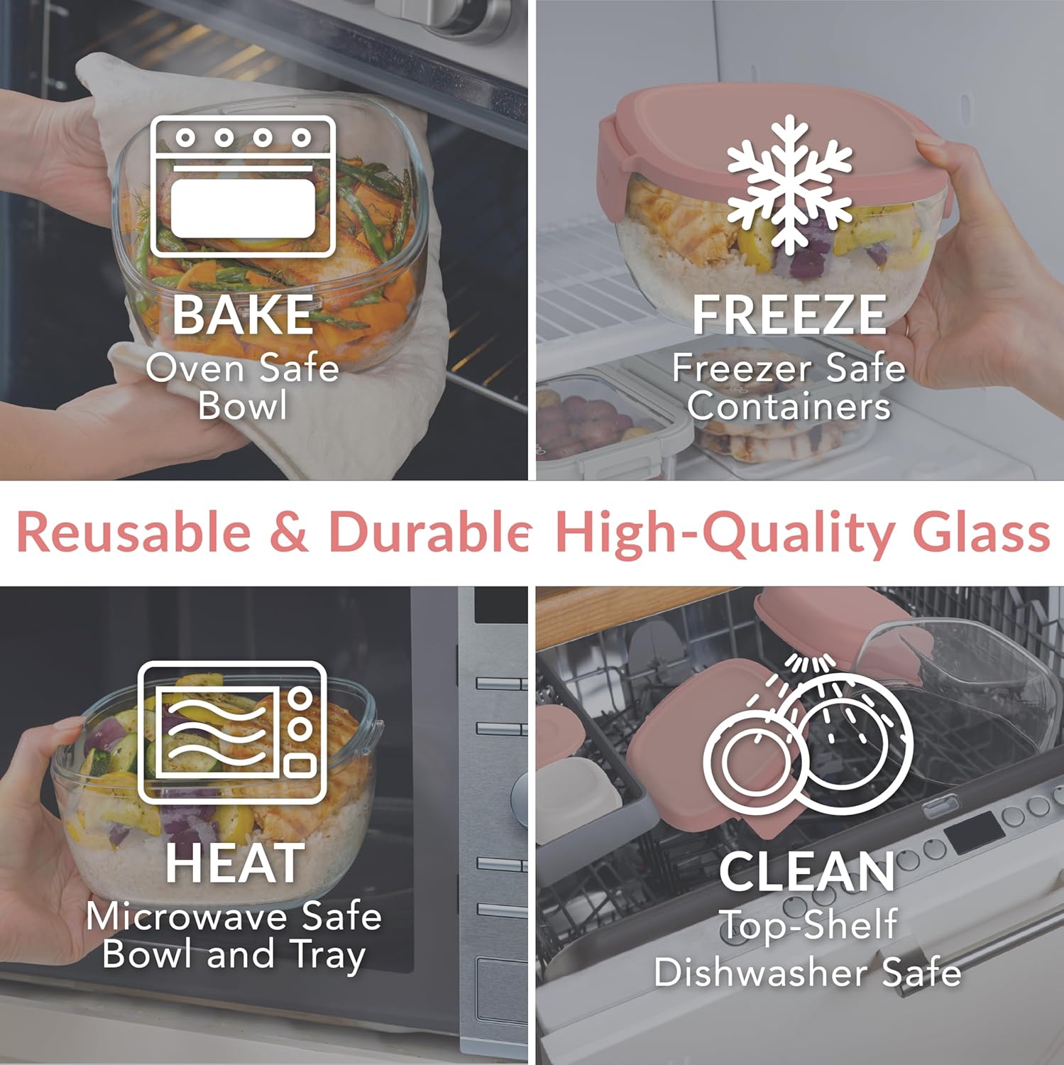 Bentgo Glass All-in-One Salad Container - Large 61-oz Salad Bowl with Lid, 4-Compartment Bento-Style Tray, 3-oz Sauce Container, and Reusable Fork - Dishwasher, Microwave, and Oven Safe (Coral)