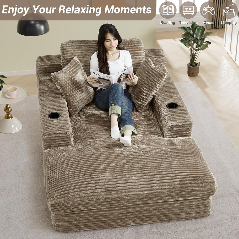49" x 76" Corduroy Chaise Lounge, Cup Holders, Camel | Super-oversi...