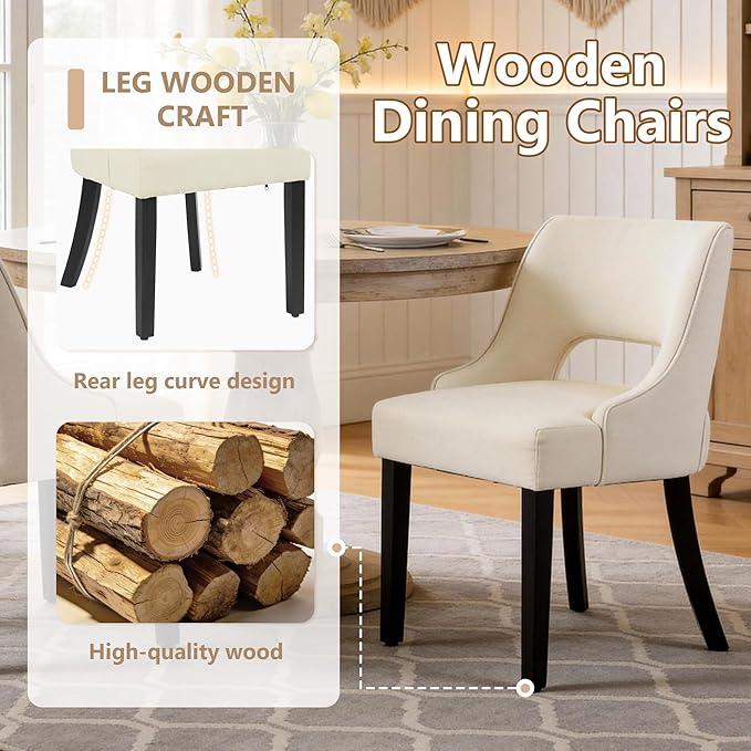 ClinQ Wooden Dining Chairs Set of 2, Modern Fabric Upholstered Kitchen Chairs Dining Chair, Mid Century Modern Chair for Dining Room, Farmhouse Kitchen Chairs for Kitchen Dining Room, Beige-Black Legs