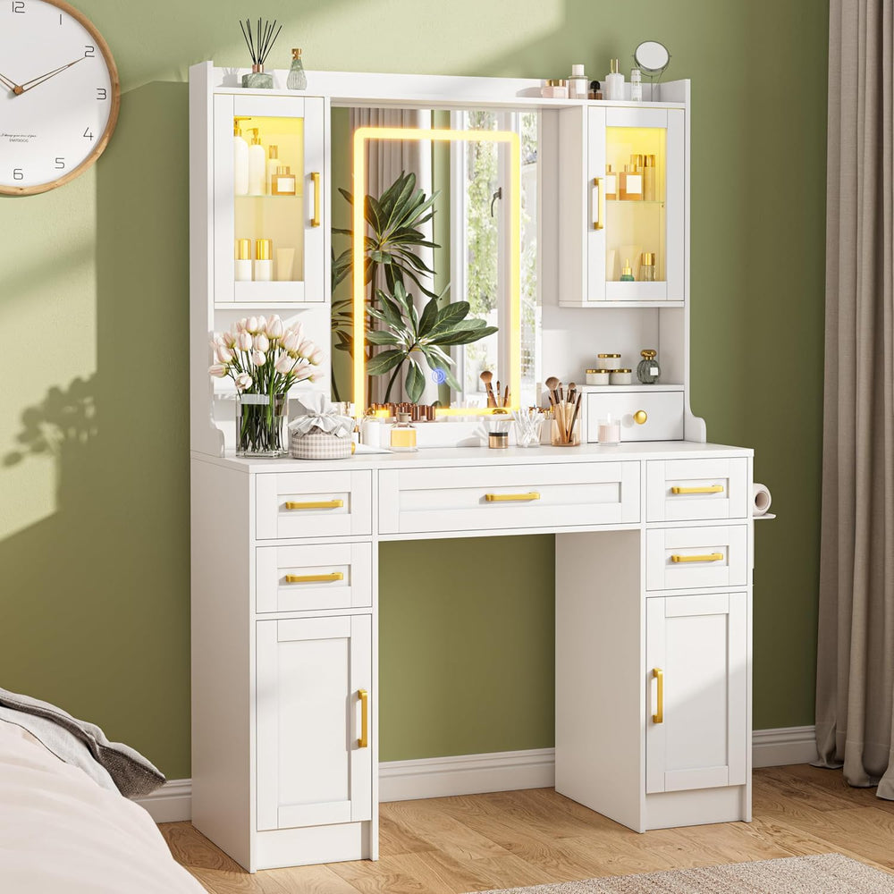 Vanity Table with Mirror and Lights, 5 Drawers, 2 Lighted Cabinets & 2 St...