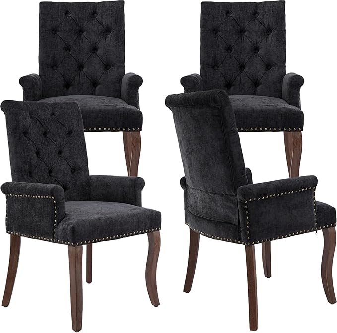 Upholstered Tufted Chenille Dining Chairs with Arms & Nailhead Trim – Solid Wood Frame & Legs, Modern Farmhouse for Dining, Kitchen & Living Room (Set of 4, Charcoal Gray)