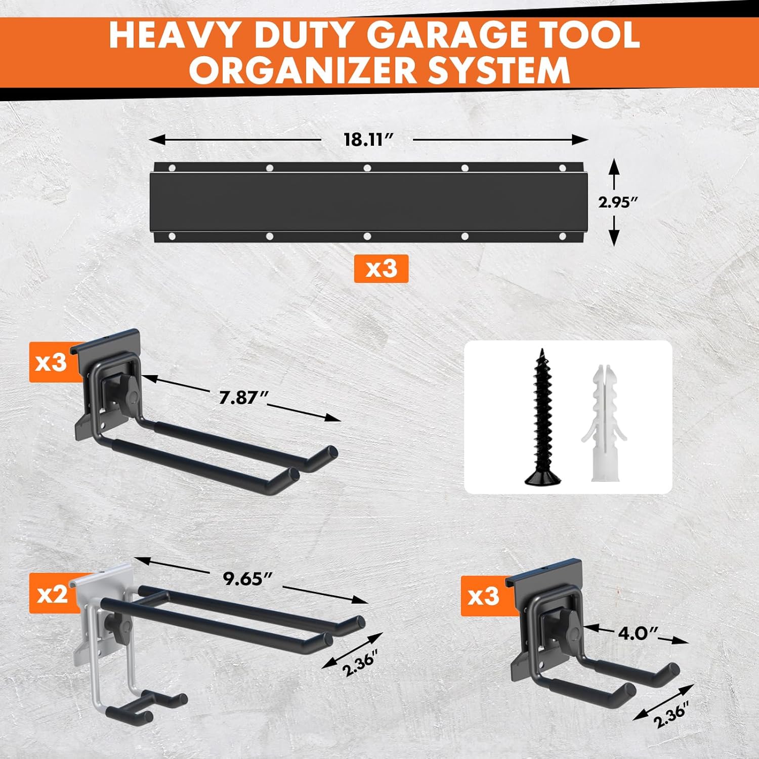 48-Inch Heavy Duty Garage Tool Organizer, Wall Mount Storage System with Adjustable Metal Hooks, 440lbs Capacity, Ideal for Garden Tools, Shovels, Rakes, Brooms, Ladders (48‘’ Metal Hooks)