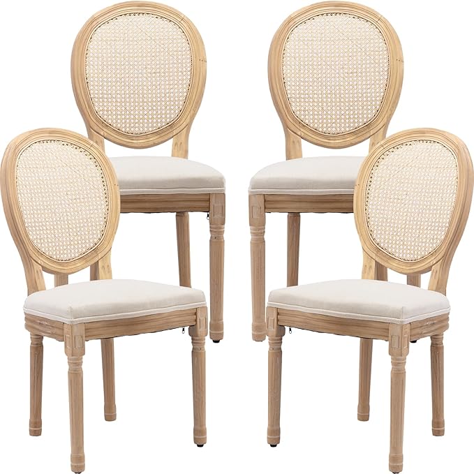 French Country Dining Chairs Set of 4, Cream Kitchen & Dining Room Chairs Set of 4, Ivory Rattan Dining Chairs, Cane Back, Wood Legs, Sillas De Comedor (Rattan, Beige, 4Pcs)