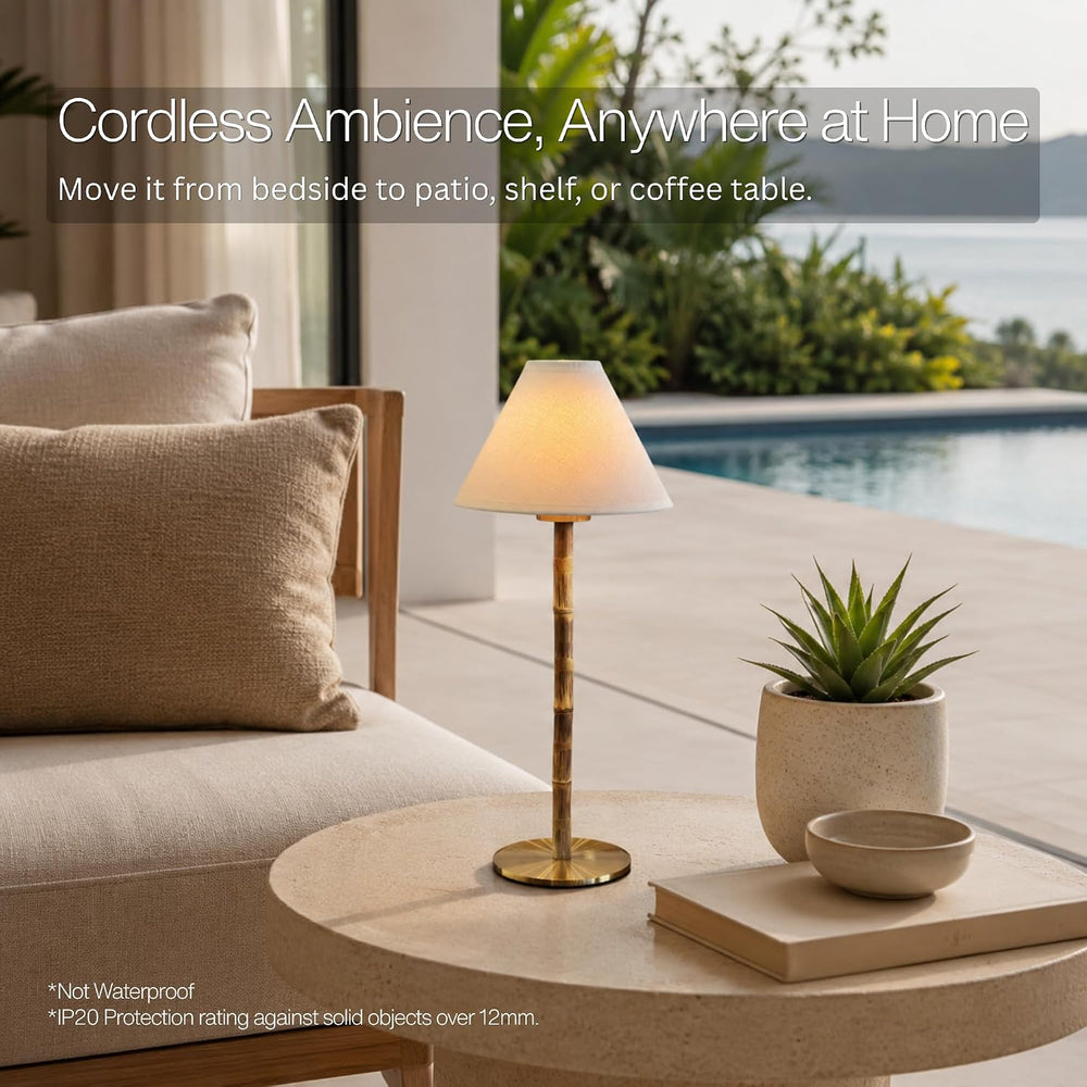 Bamboo Cordless LED Table Lamp – Rechargeable 24-Hour Battery, Dimmable Warm ...