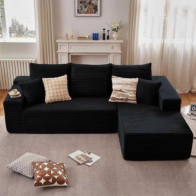107" Modular Sectional Couches for Living Room, Comfy L Shaped Cloud Couch with Chaise Lounge, Modern Cozy Corduroy Deep Seat Floor Sofa, Memory Foam, No Assembly Required, Black
